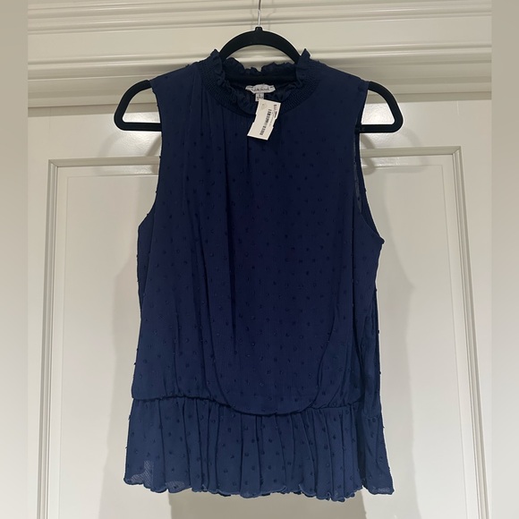 White Birch Navy Polka Doy Textured Smocked Tank Blouse Size Large - Picture 1 of 5
